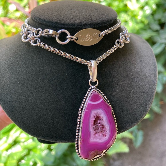925 sterling silver overlay charm pink geode agate slice gemstone boho necklace - Picture 10 of 11